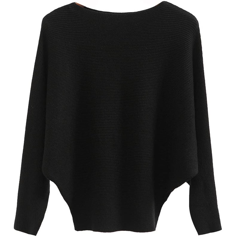 Ckikiou Womens Lightweight Oversized Boat Neck Sweaters Tops Dolman Batwing Sleeve Ribbed Knitted Pullovers Black - Image 1